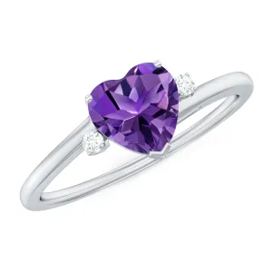 1 CT Heart Shape Amethyst Solitaire Promise Ring with Diamond