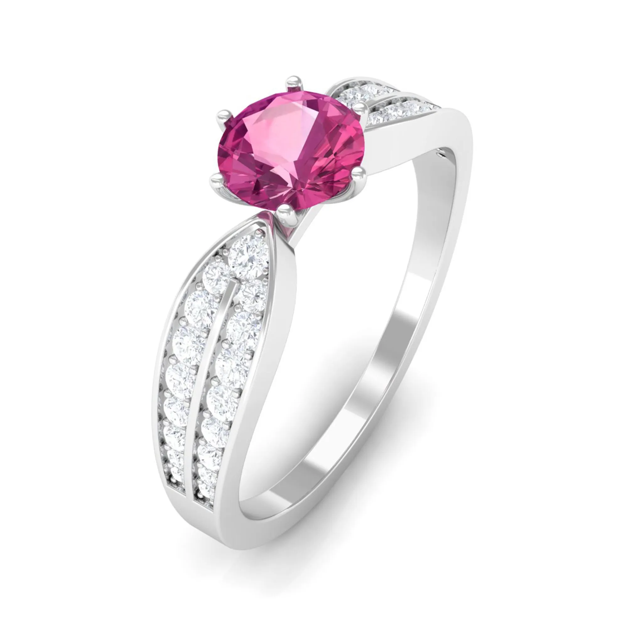 1 CT Six Prong Set Pink Tourmaline Engagement Ring with Diamond Side Stones