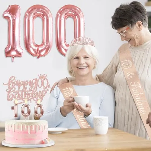 100th Birthday Decorations for Women, Include 100th Birthday Sash and Tiara, Birthday Cake Topper and Number 100 Candles, Rose Gold 100 Balloons, 100th Birthday Gifts Women