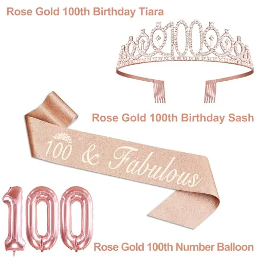 100th Birthday Decorations for Women, Include 100th Birthday Sash and Tiara, Birthday Cake Topper and Number 100 Candles, Rose Gold 100 Balloons, 100th Birthday Gifts Women