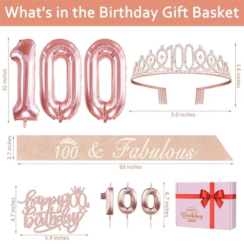 100th Birthday Decorations for Women, Include 100th Birthday Sash and Tiara, Birthday Cake Topper and Number 100 Candles, Rose Gold 100 Balloons, 100th Birthday Gifts Women