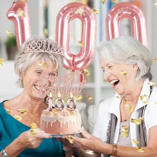 100th Birthday Decorations for Women, Include 100th Birthday Sash and Tiara, Birthday Cake Topper and Number 100 Candles, Rose Gold 100 Balloons, 100th Birthday Gifts Women