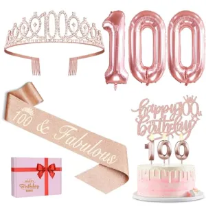 100th Birthday Decorations for Women, Include 100th Birthday Sash and Tiara, Birthday Cake Topper and Number 100 Candles, Rose Gold 100 Balloons, 100th Birthday Gifts Women