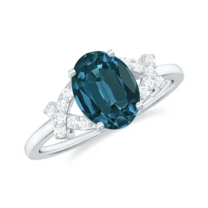 1.25 CT Oval London Blue Topaz Solitaire Split Shank Ring with Diamond