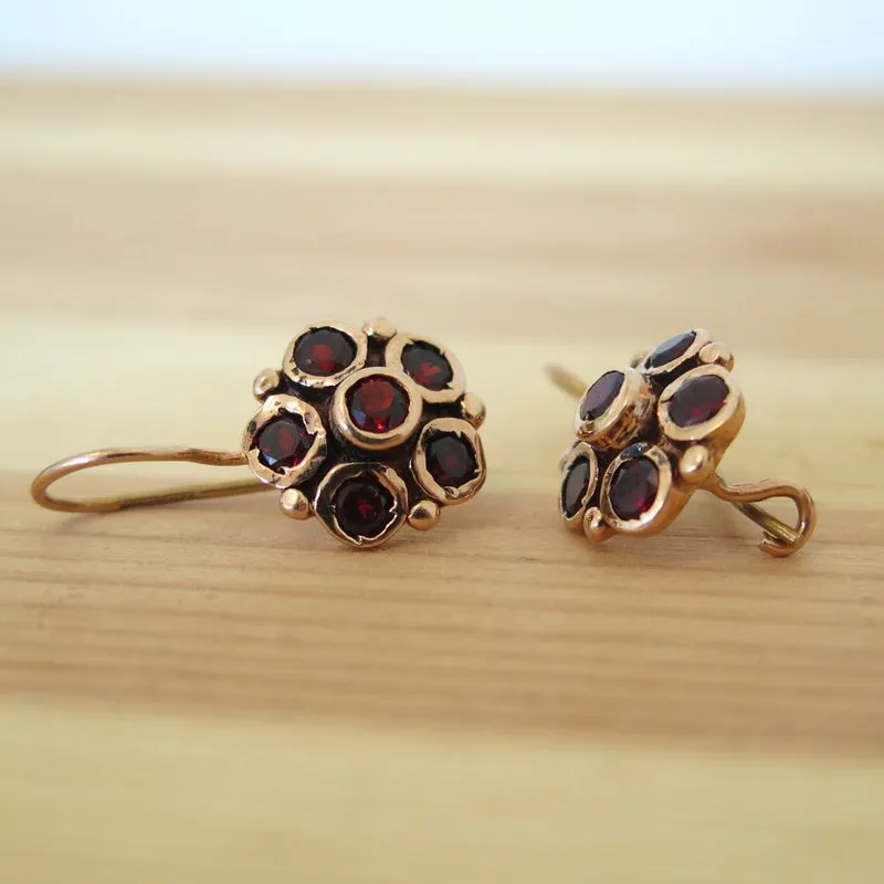 14K Rose Gold Flower Garnet Vintage Style Drop Earrings