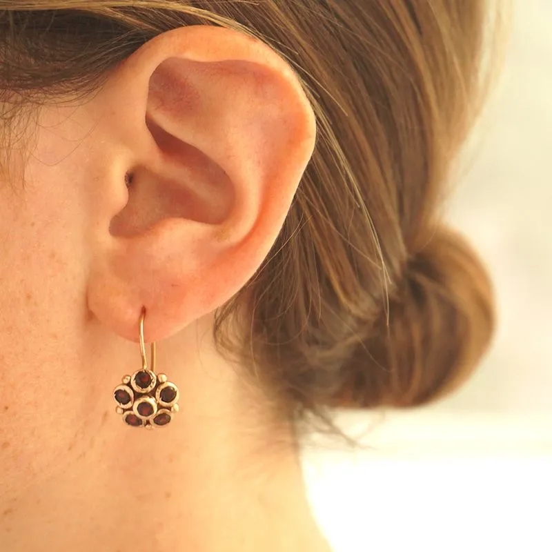 14K Rose Gold Flower Garnet Vintage Style Drop Earrings