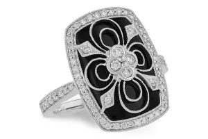 14K White Gold Black Onyx and Diamond Cocktail Ring