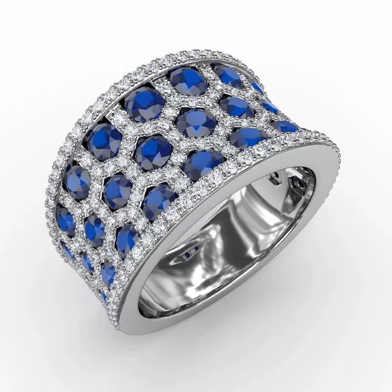 14K White Gold Sapphire and Diamond Contemporary Cocktail Ring