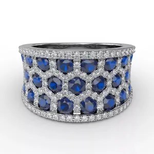 14K White Gold Sapphire and Diamond Contemporary Cocktail Ring