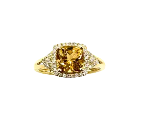 14k Yellow Gold Cushion Cut Citrine Ring with Diamond Halo