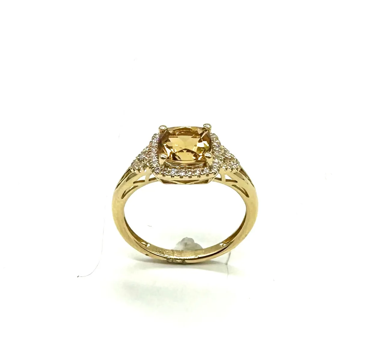 14k Yellow Gold Cushion Cut Citrine Ring with Diamond Halo