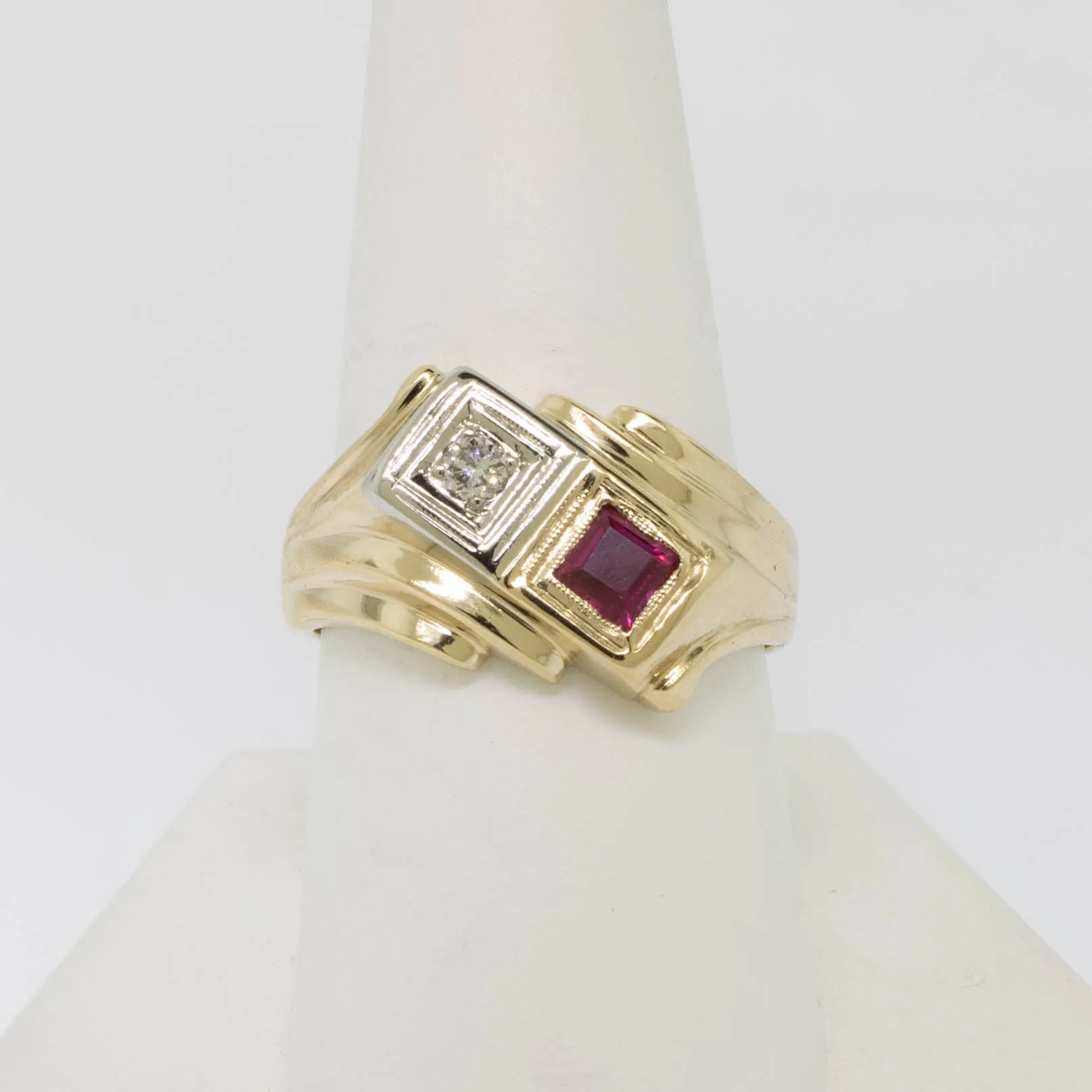 14K Yellow/White Gold Diamond and Synth. Ruby Ring Size 9 Preowned Jewelry