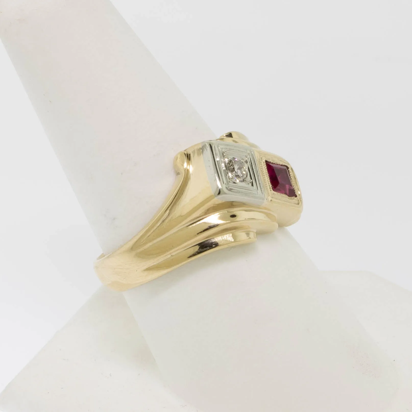 14K Yellow/White Gold Diamond and Synth. Ruby Ring Size 9 Preowned Jewelry