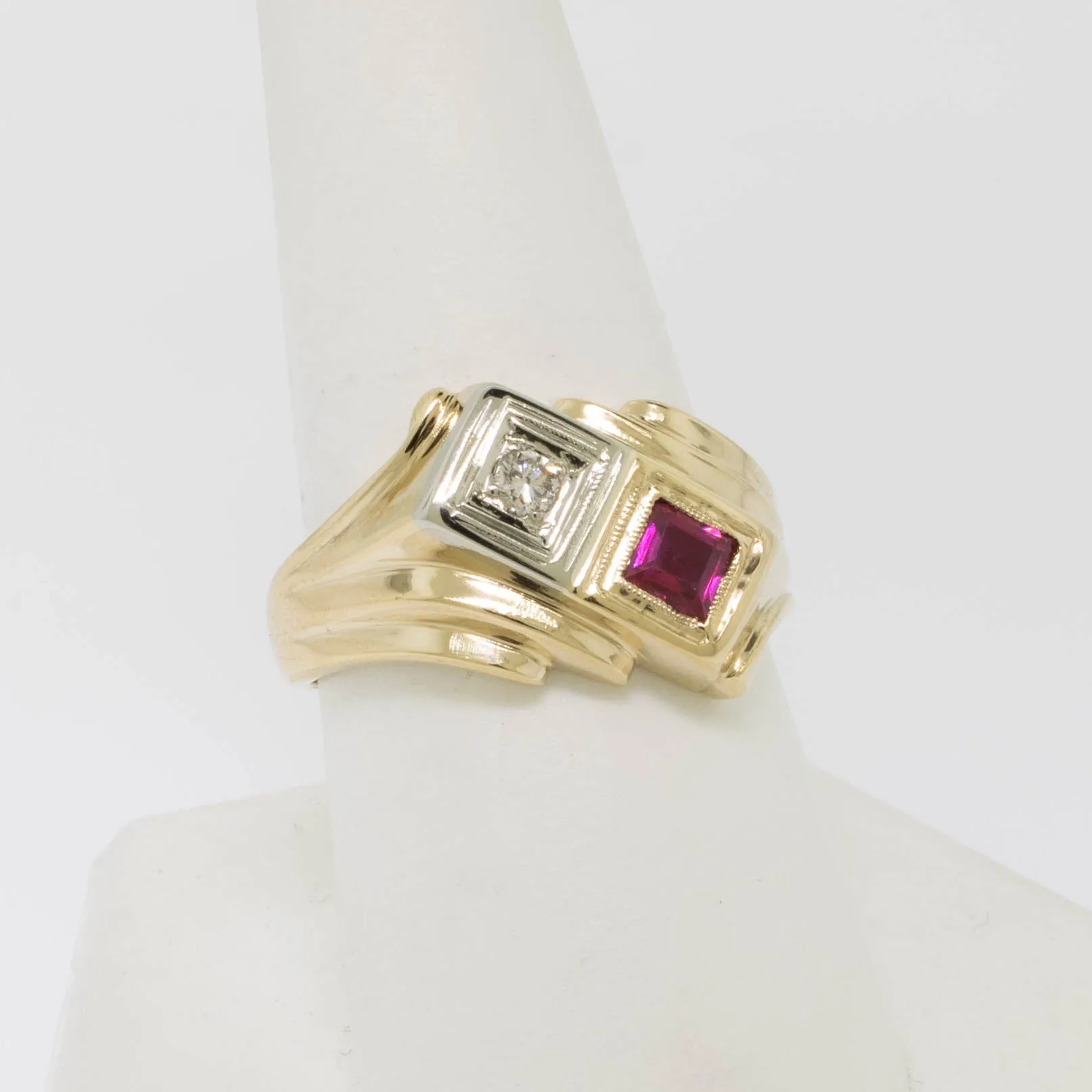 14K Yellow/White Gold Diamond and Synth. Ruby Ring Size 9 Preowned Jewelry