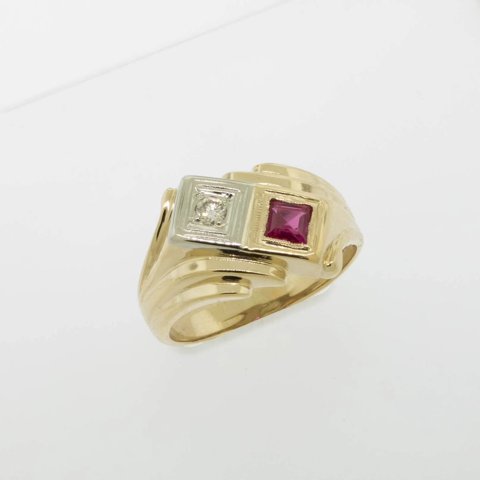 14K Yellow/White Gold Diamond and Synth. Ruby Ring Size 9 Preowned Jewelry