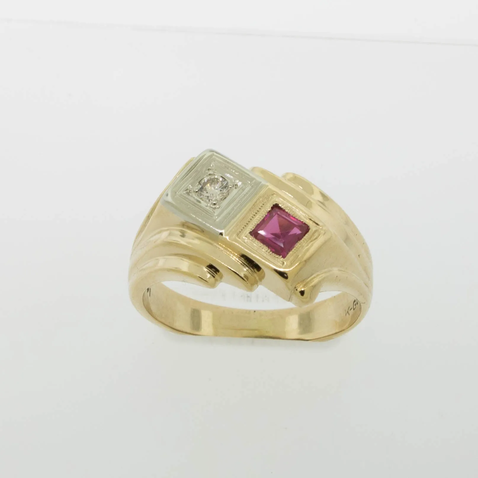 14K Yellow/White Gold Diamond and Synth. Ruby Ring Size 9 Preowned Jewelry