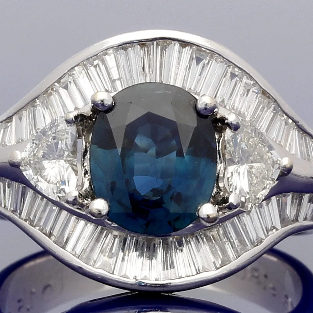 18ct White Gold Cocktail Ring with Sapphire, Baguette and Heart Shaped Diamonds