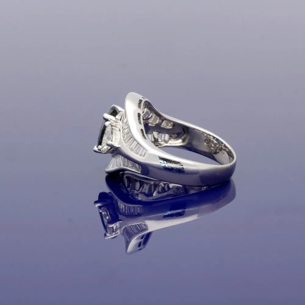 18ct White Gold Cocktail Ring with Sapphire, Baguette and Heart Shaped Diamonds