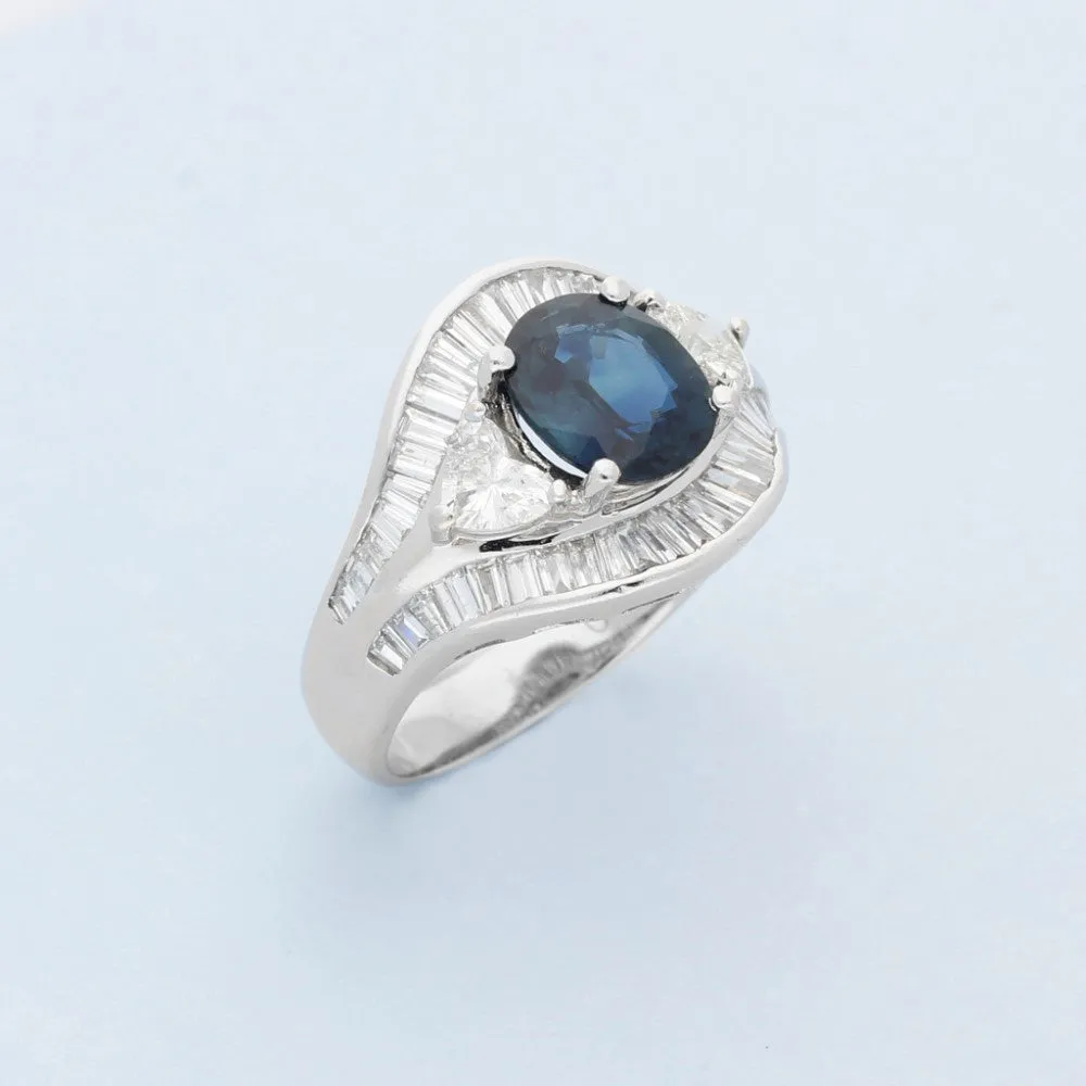 18ct White Gold Cocktail Ring with Sapphire, Baguette and Heart Shaped Diamonds