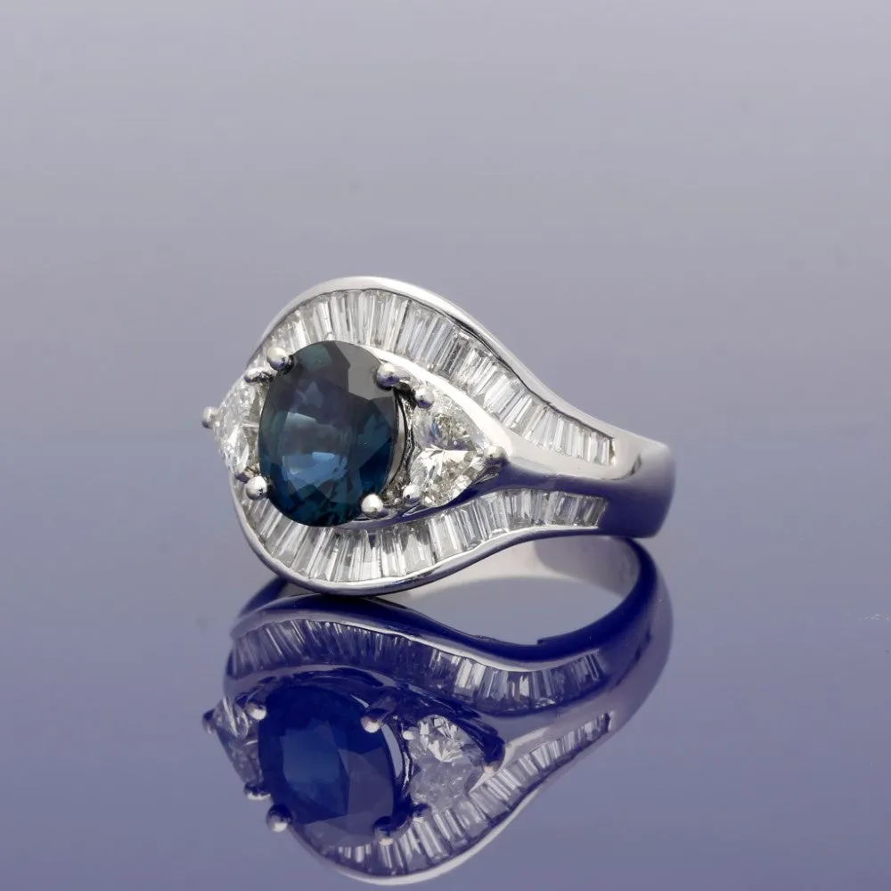 18ct White Gold Cocktail Ring with Sapphire, Baguette and Heart Shaped Diamonds