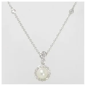 18ct White Gold Diamond & Cultured Pearl Drop Pendant Necklace 17"