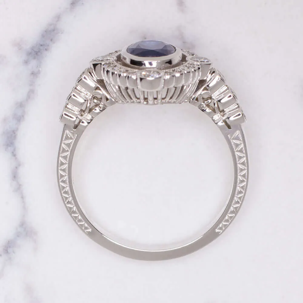 1ct NATURAL SAPPHIRE 1/3ct DIAMOND COCKTAIL RING VINTAGE STYLE HALO ENGAGEMENT