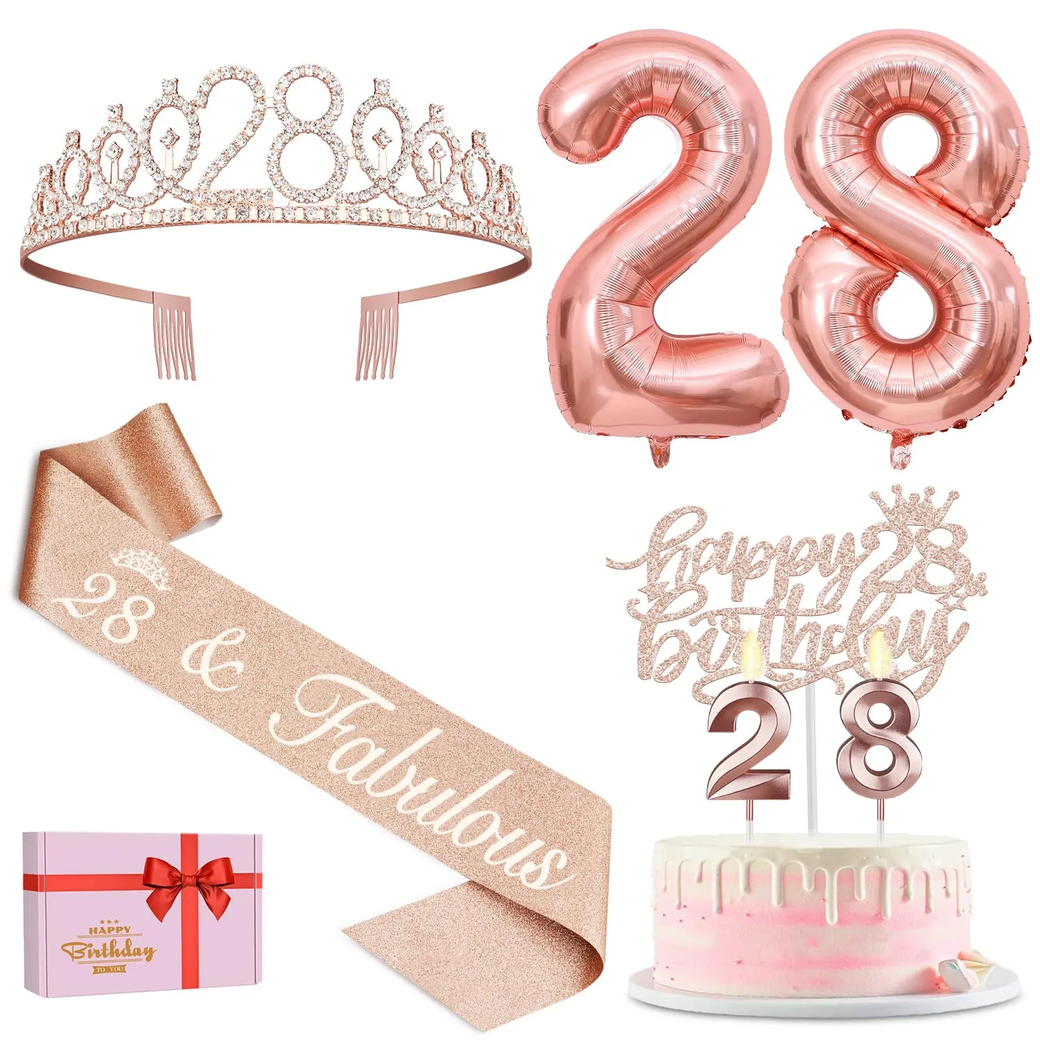 28th Birthday Decorations for Women with 28th Birthday Sash and Tiara, 28th Birthday Candles and Cake Topper, Numeral 28 Balloons, Rose Gold 28th Birthday Gifts for Women