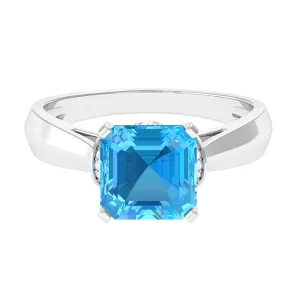 3.25 CT Asscher Cut Swiss Blue Topaz Solitaire Ring with Collar Diamond