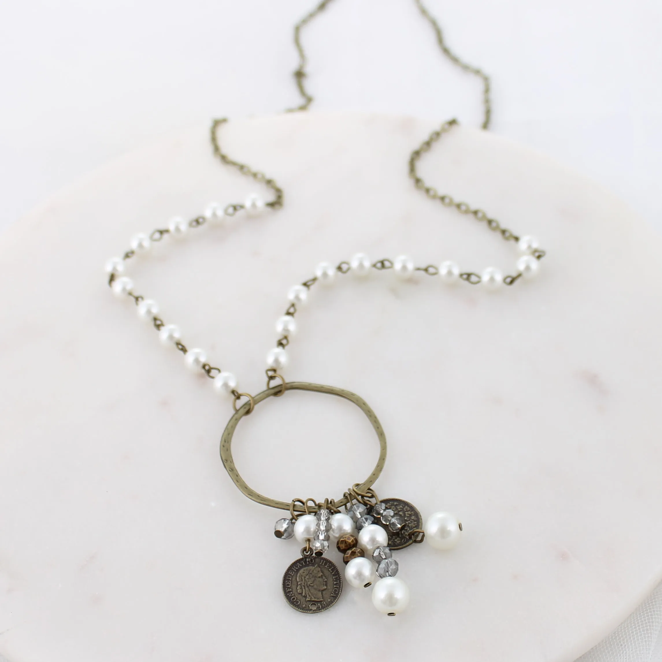 34” Vintage Coin & Pearl Loop Cluster Necklace