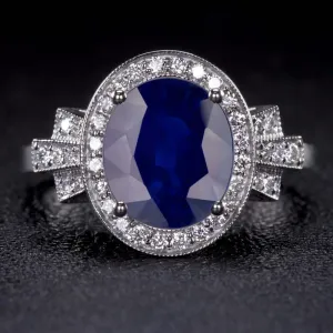 3.89ct GIA CERTFIED SAPPHIRE DIAMOND RING VINTAGE STYLE HALO COCKTAIL OVAL SHAPE