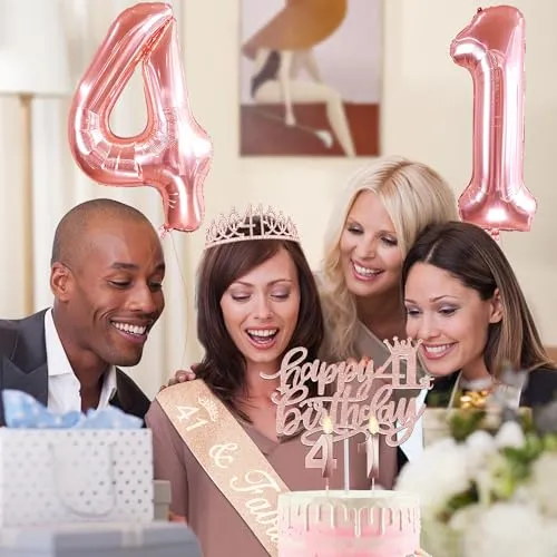 41st Birthday Gifts for Women, Include 41st Birthday Sash and Tiara, Birthday Cake Topper and Number 41 Candles, Big 41 Balloons, 41st Birthday Decorations for Happy 41st Birthday Party Favor Supplies