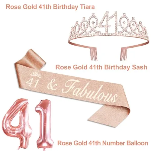 41st Birthday Gifts for Women, Include 41st Birthday Sash and Tiara, Birthday Cake Topper and Number 41 Candles, Big 41 Balloons, 41st Birthday Decorations for Happy 41st Birthday Party Favor Supplies