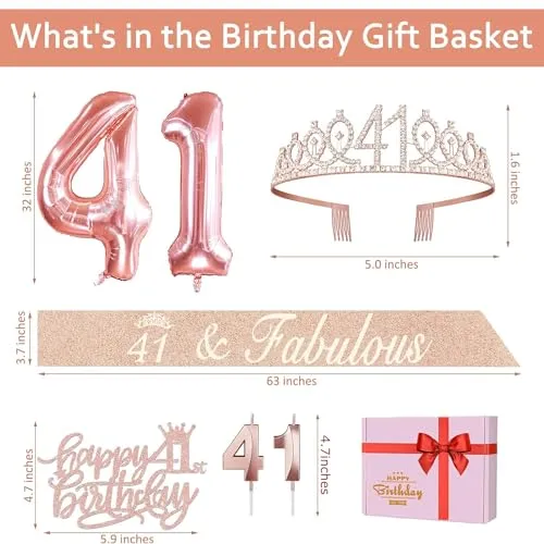 41st Birthday Gifts for Women, Include 41st Birthday Sash and Tiara, Birthday Cake Topper and Number 41 Candles, Big 41 Balloons, 41st Birthday Decorations for Happy 41st Birthday Party Favor Supplies