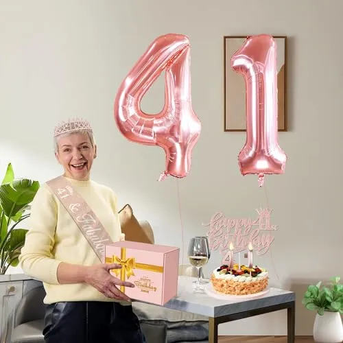 41st Birthday Gifts for Women, Include 41st Birthday Sash and Tiara, Birthday Cake Topper and Number 41 Candles, Big 41 Balloons, 41st Birthday Decorations for Happy 41st Birthday Party Favor Supplies