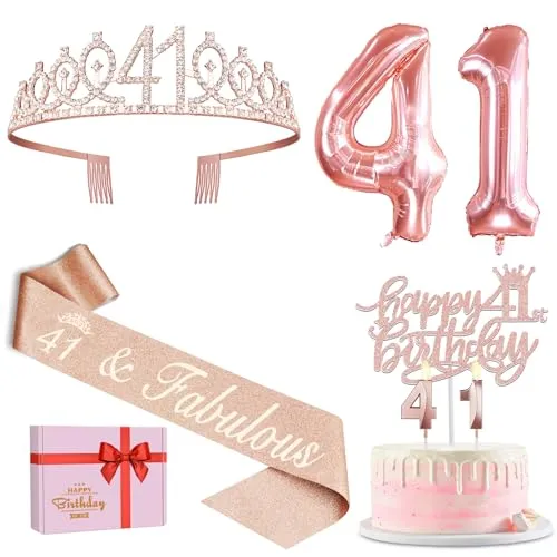 41st Birthday Gifts for Women, Include 41st Birthday Sash and Tiara, Birthday Cake Topper and Number 41 Candles, Big 41 Balloons, 41st Birthday Decorations for Happy 41st Birthday Party Favor Supplies