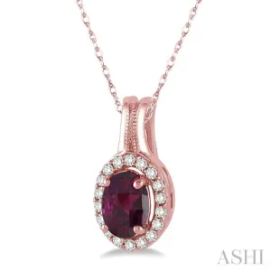 7x5 MM Oval Shape Rhodolite and 1/6 Ctw Round Cut Diamond Pendant in 14K Rose Gold with Chain