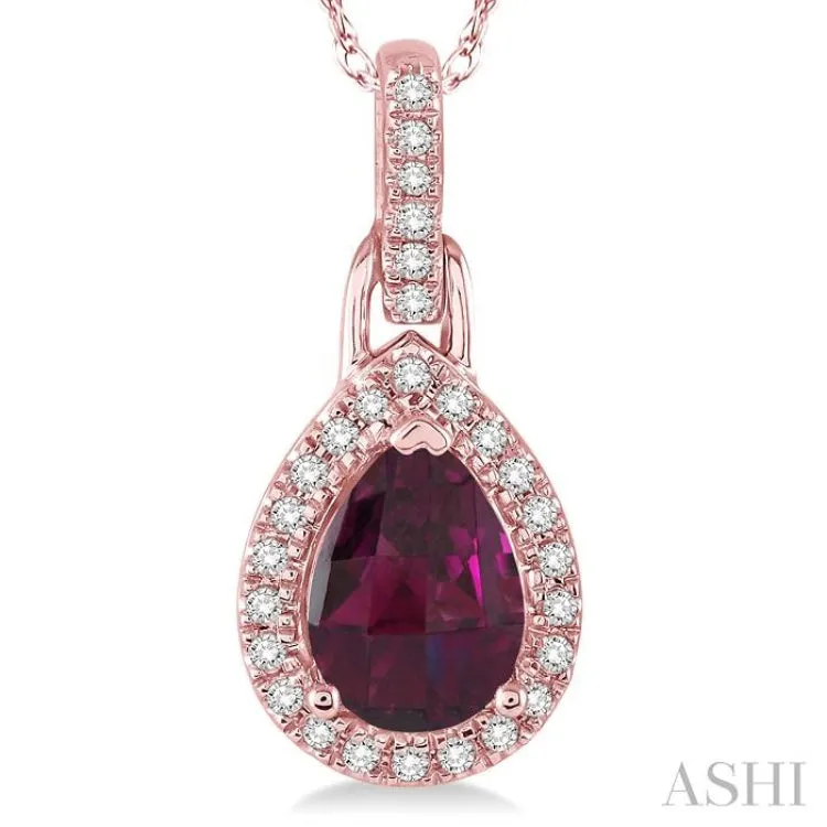 7x5 MM Pear Shape Rhodolite Garnet and 1/10 Ctw Round Cut Diamond Pendant in 10K Rose Gold with Chain