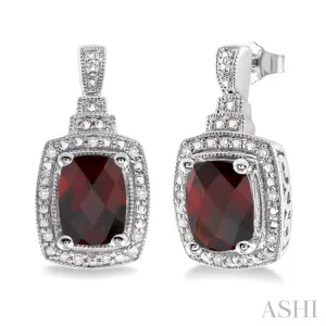 8x6 MM Cushion Shape Garnet and 1/10 Ctw Single Cut Diamond Earrings in Sterling Silver