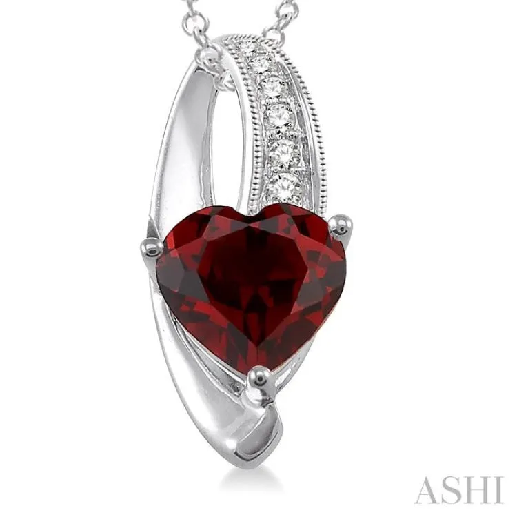 8x8 mm Heart Shape Garnet and 1/20 ctw Single Cut Diamond Pendant in Sterling Silver with Chain