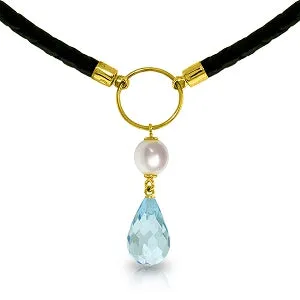 9 Carat 14K Solid Yellow Gold Leather Necklace Pearl Blue Topaz