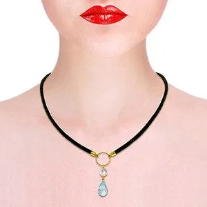 9 Carat 14K Solid Yellow Gold Leather Necklace Pearl Blue Topaz