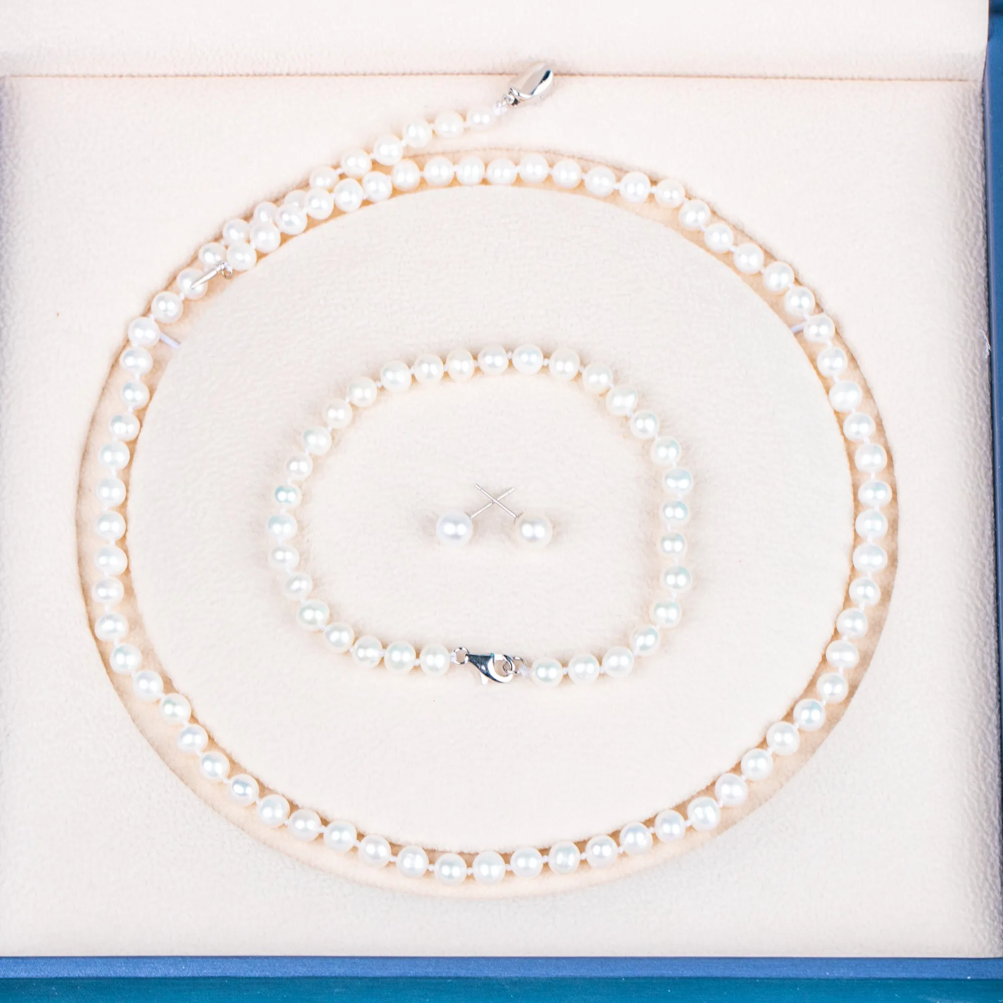 925 silver clasp white about round AAA real natural 5-6 mm pearl women jewelry necklace set