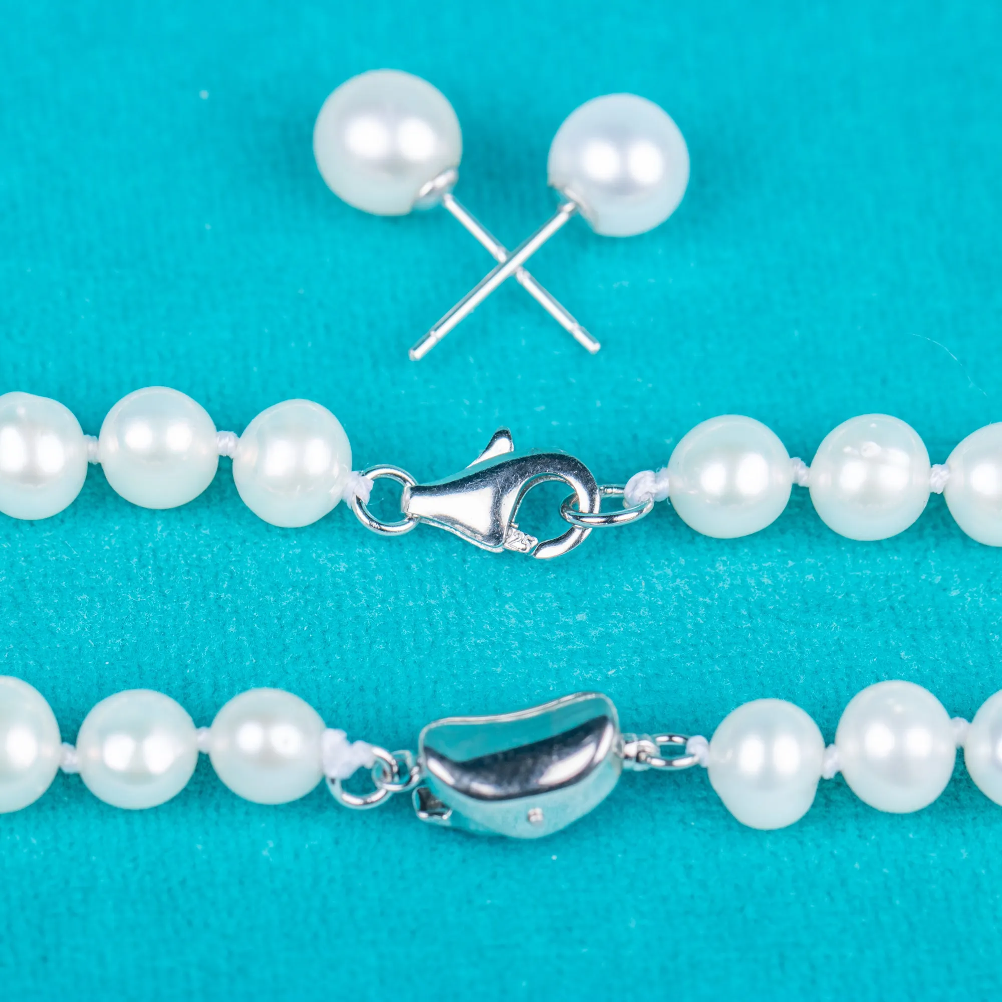 925 silver clasp white about round AAA real natural 5-6 mm pearl women jewelry necklace set