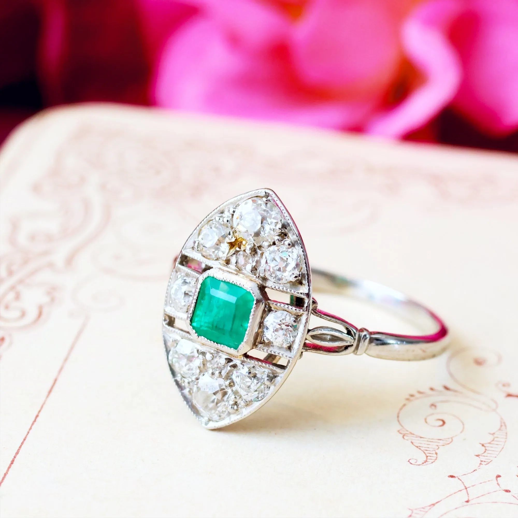 All Original Vintage Art Deco Emerald & Diamond Ring