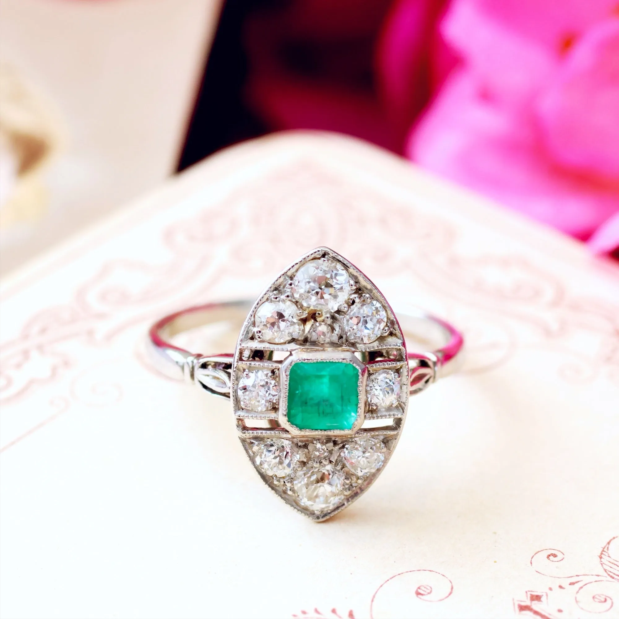 All Original Vintage Art Deco Emerald & Diamond Ring