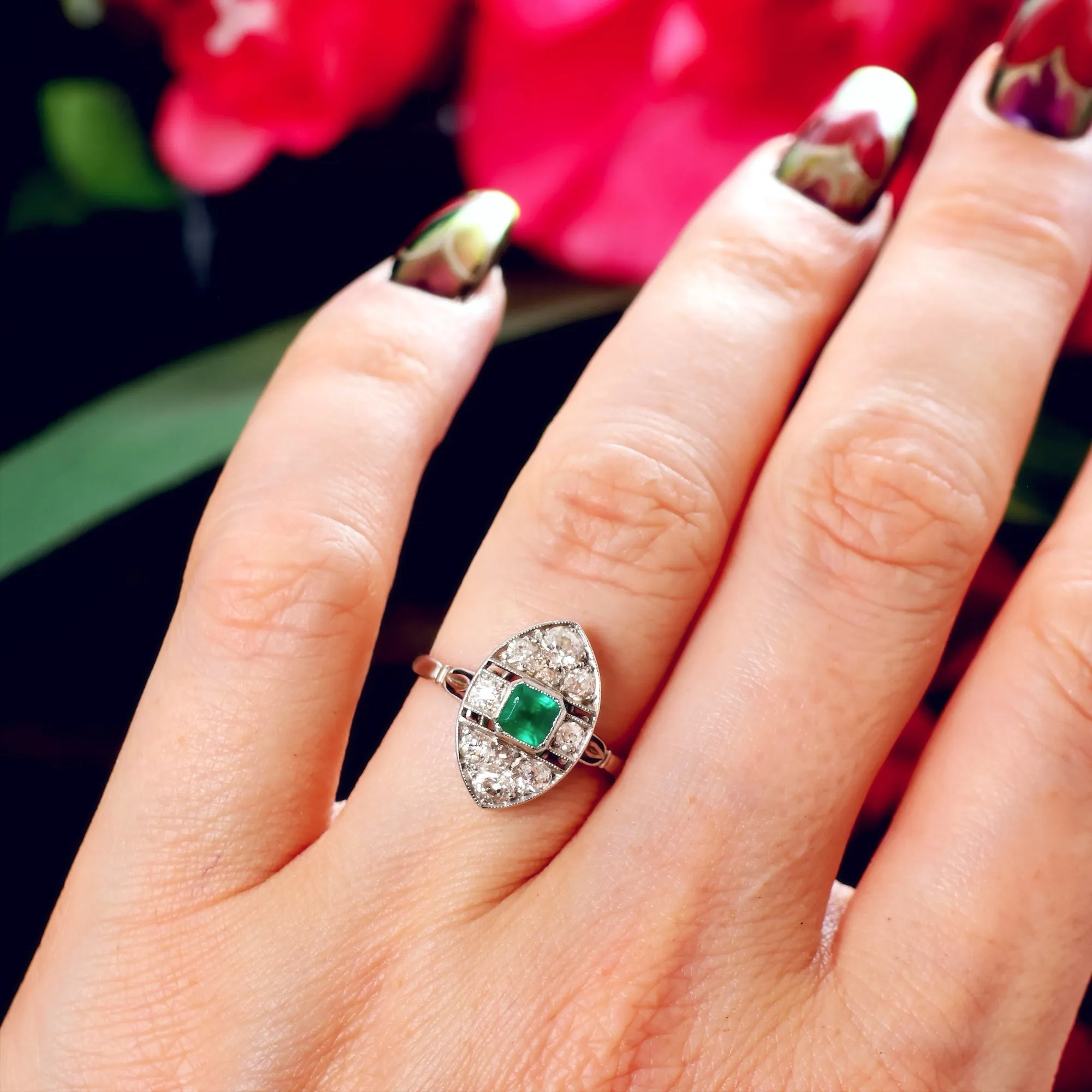 All Original Vintage Art Deco Emerald & Diamond Ring