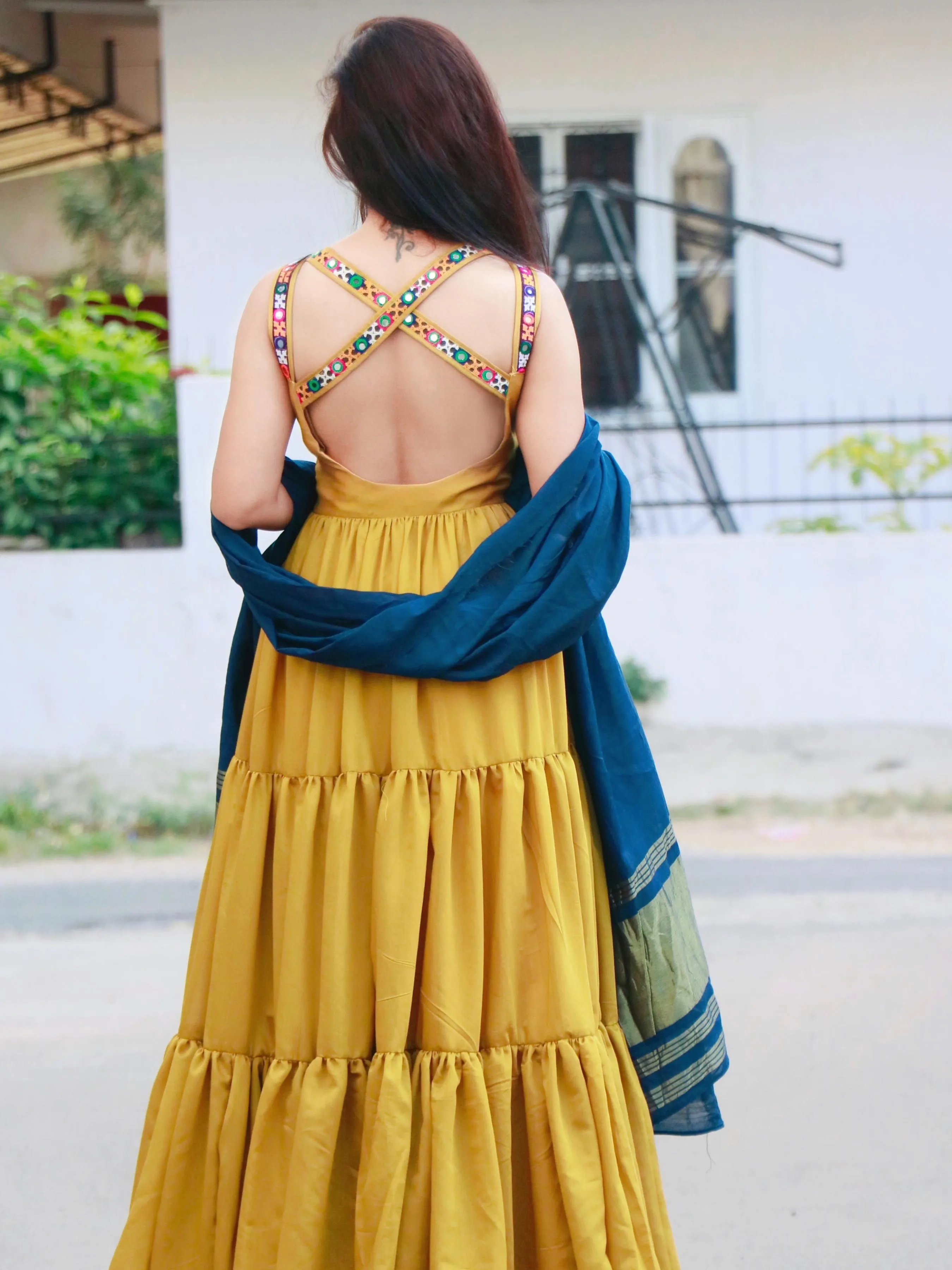 AMBER MUSTARD YELLOW KUTCHI HANDWORK LAYERED GOWN