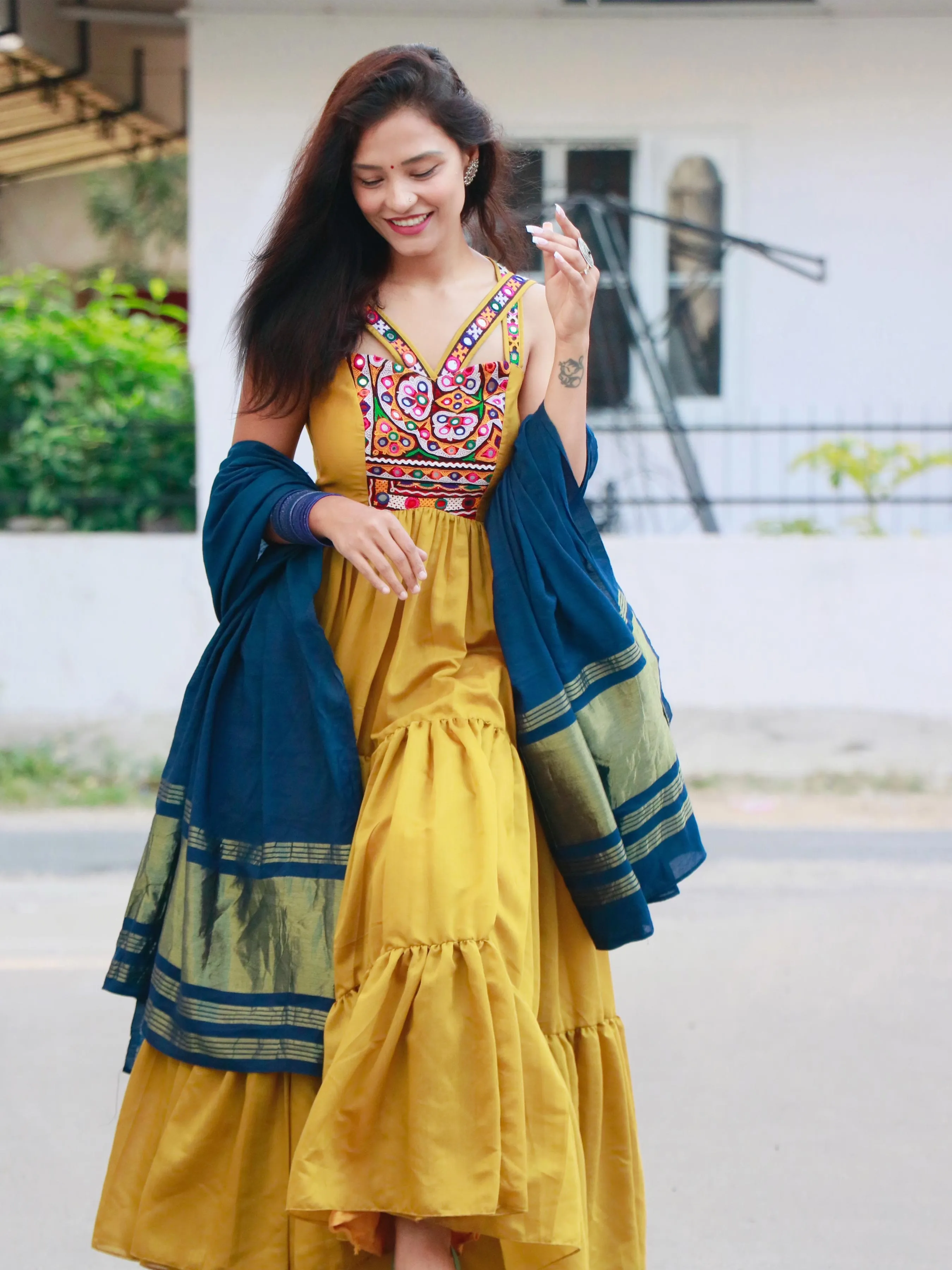 AMBER MUSTARD YELLOW KUTCHI HANDWORK LAYERED GOWN