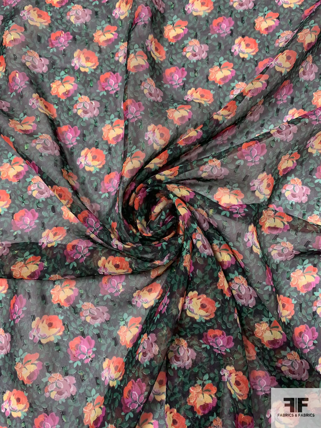 Anna Sui Floral Printed Metallic Clip Polyester Chiffon - Green / Coral-Orange / Orchid / Mauve / Black