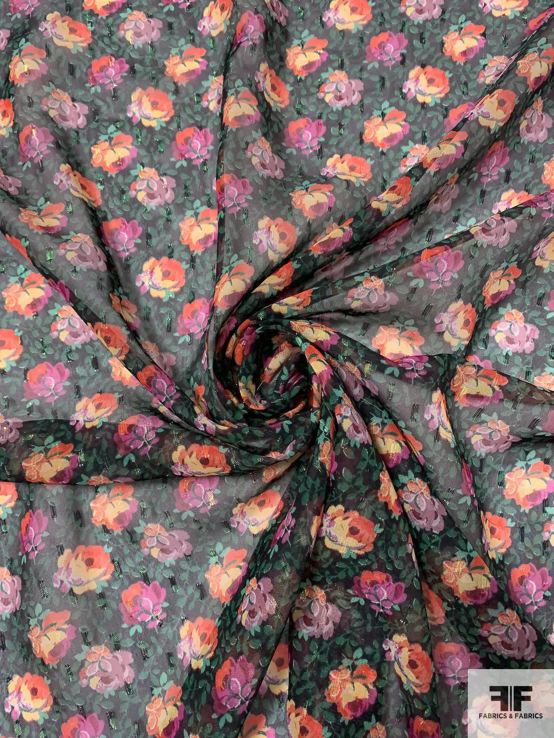 Anna Sui Floral Printed Metallic Clip Polyester Chiffon - Green / Coral-Orange / Orchid / Mauve / Black